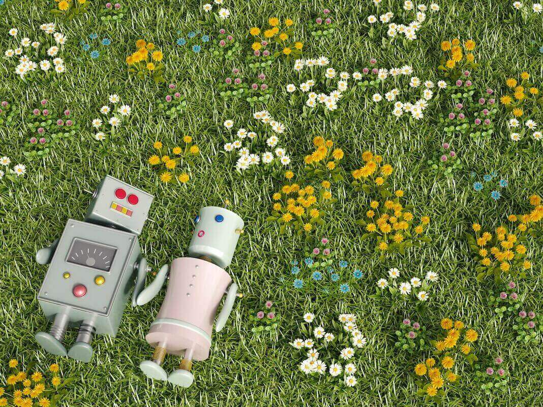 Twoi robots lying down in a field,. could their AI help win the lottery?